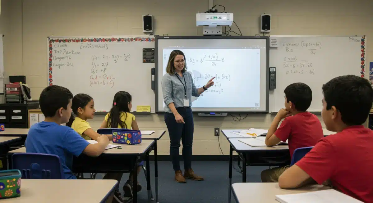 Elementary students collaborate on math using an interactive whiteboard, showcasing enhanced K-12 STEM learning.