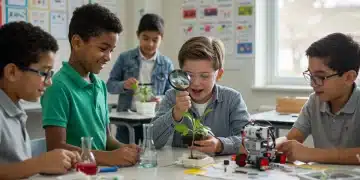 Diverse K-12 students engaged in hands-on science and robotics activities in a classroom, symbolizing federal STEM education grants impact.