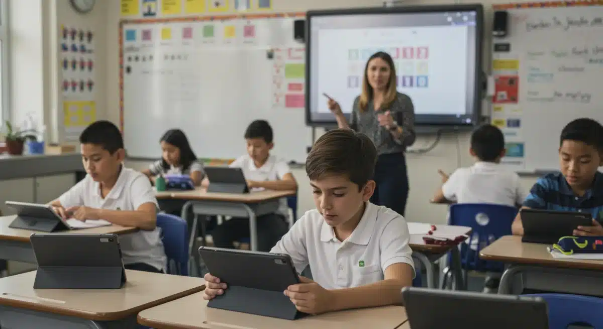 Diverse K-12 students in modern classroom with technology, embodying educational advancements.