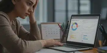Student looking worried at student loan details on laptop
