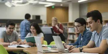 Diverse students studying in a modern university library, symbolizing college education and financial aid.