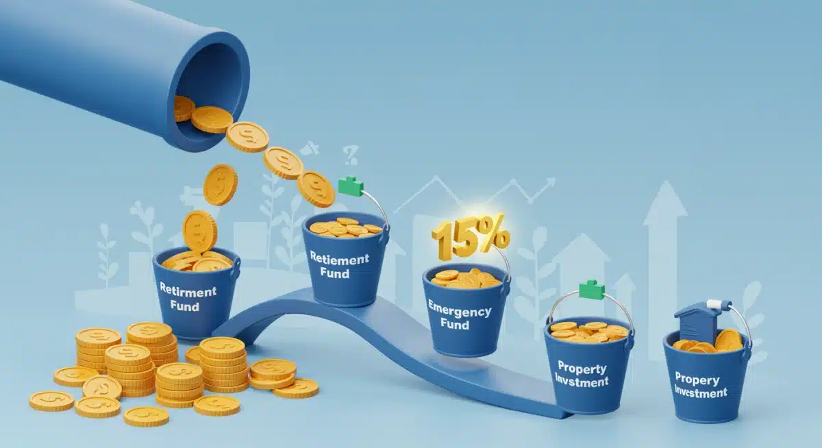 Visualizing a 15% savings goal with money flowing into investment accounts