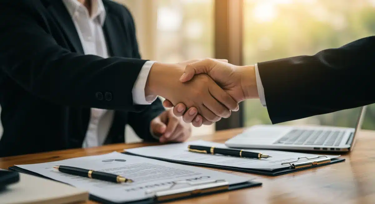 Hands shaking over legal documents, signifying agreement and trust in revised estate plans.