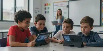 Students using AI learning tools in a modern US classroom with teacher supervision