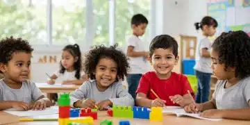 Diverse children engaged in play-based learning in a modern early childhood classroom