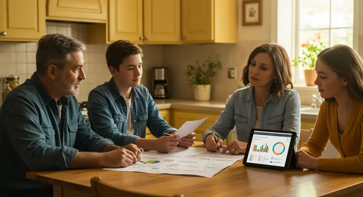 Family budgeting together to manage expenses during inflation