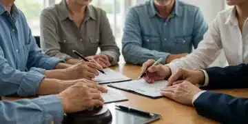 Family discussing estate planning documents with an advisor, symbolizing secure legacy.