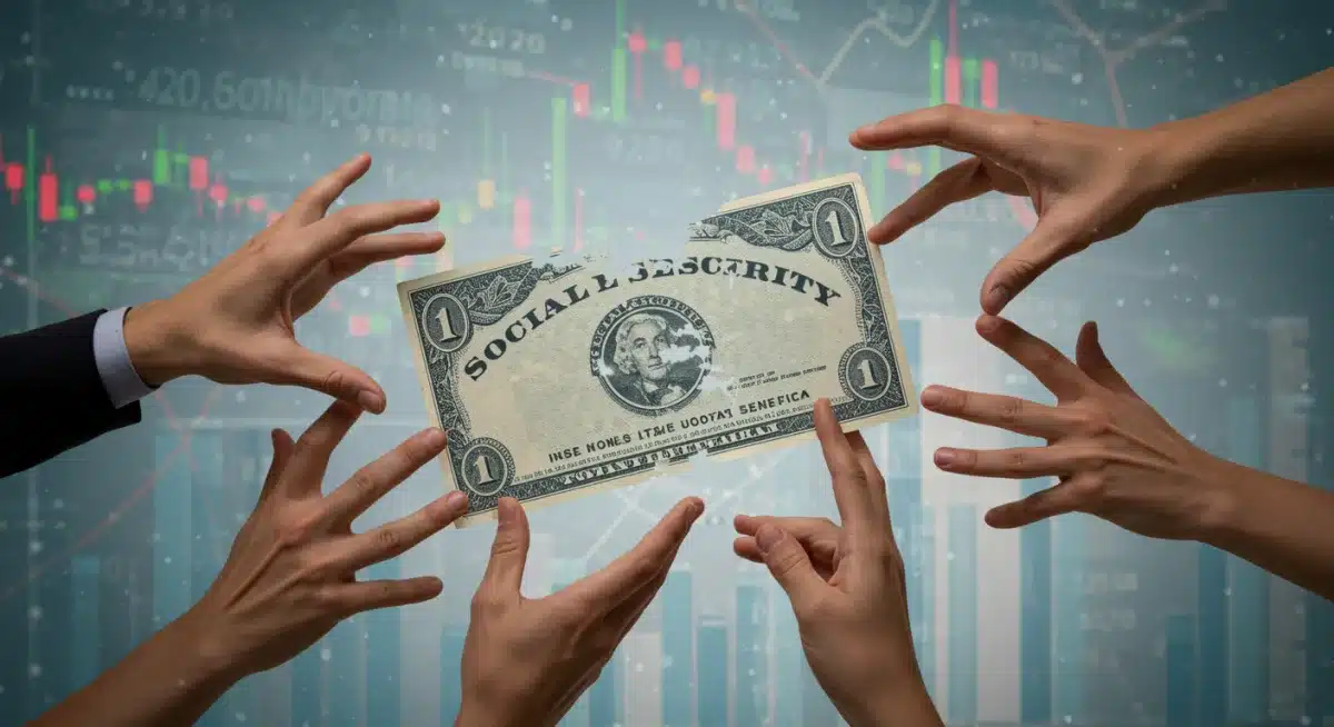 Diverse hands reaching for a Social Security card, symbolizing collective concern over future benefits.