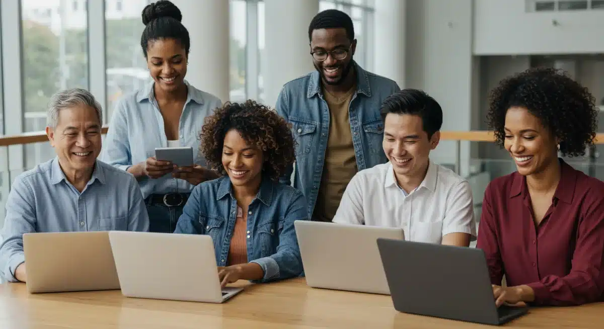 Diverse individuals confidently using new SSA digital services, emphasizing accessibility and user-friendliness.