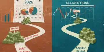 Early claiming versus delayed filing decision for Social Security in 2026, illustrating financial outcomes.