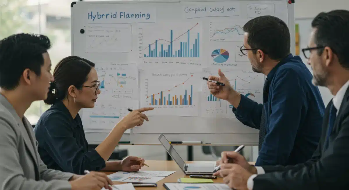 Educators discussing data for future hybrid learning strategies