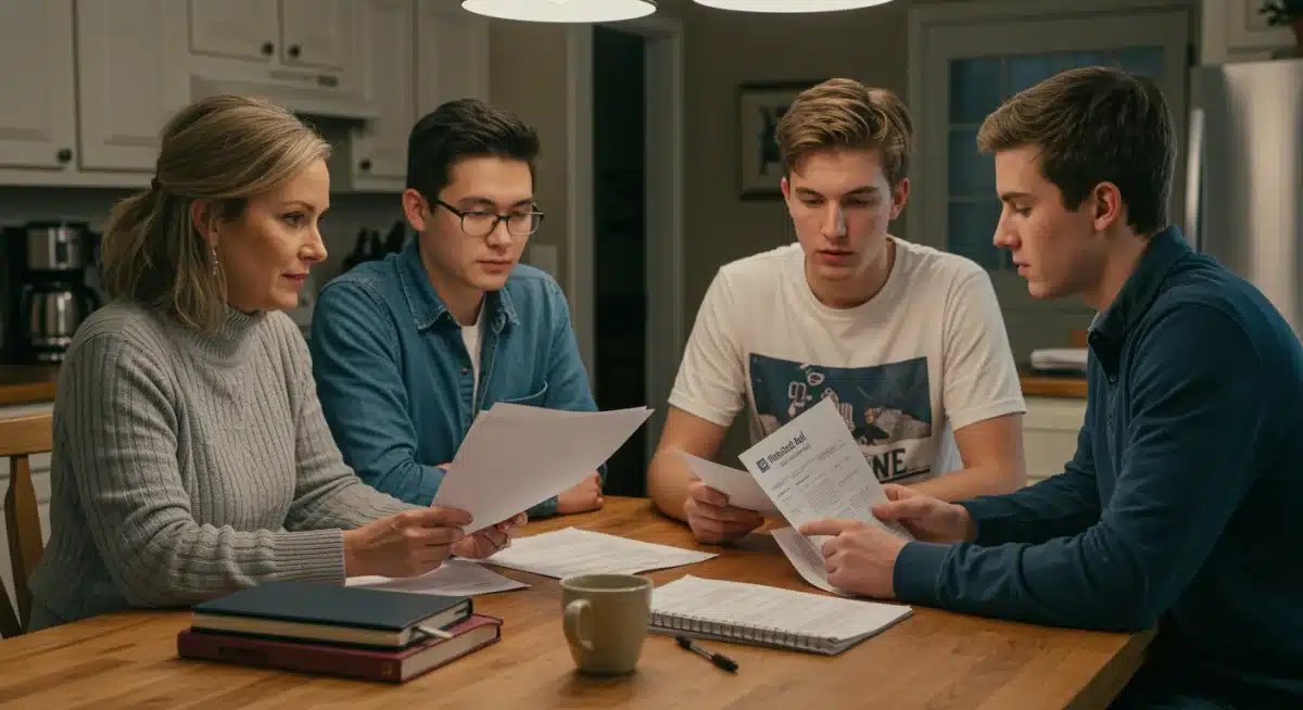 Family discussing college financial aid applications and future plans.