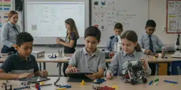 Students engaged in K-12 STEM robotics project in modern classroom