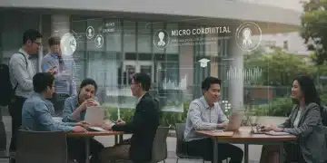 Students and professionals collaborating on digital micro-credential courses at a modern university campus in 2026.