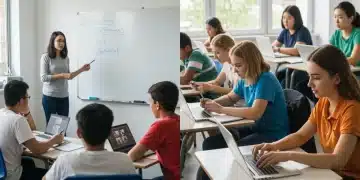 Students learning in a classroom and students learning online, illustrating online vs in-person education