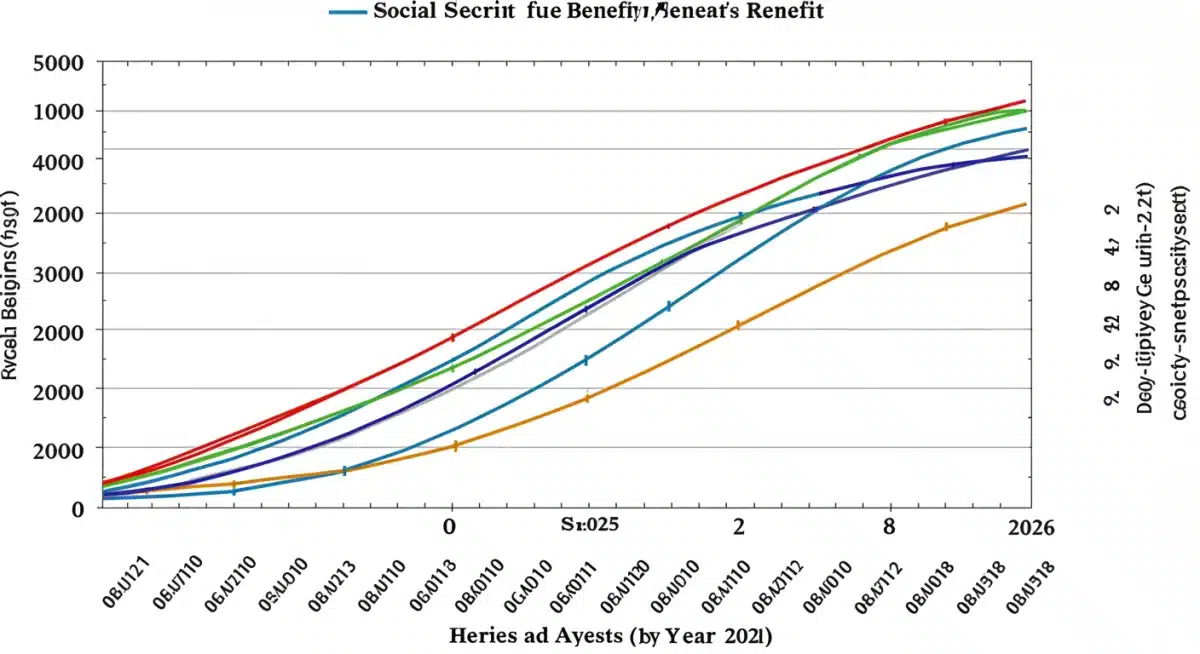 Social Security benefit curves illustrating the financial impact of different claiming ages on lifetime income for 2026 retirees.