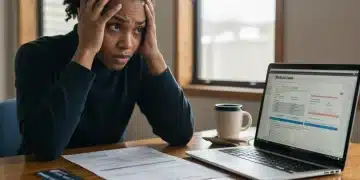 Stressed student reviewing loan documents, laptop with financial data, credit card.