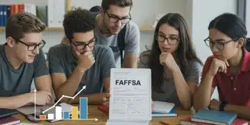 Students reviewing FAFSA information on a tablet, focused on understanding financial aid changes.