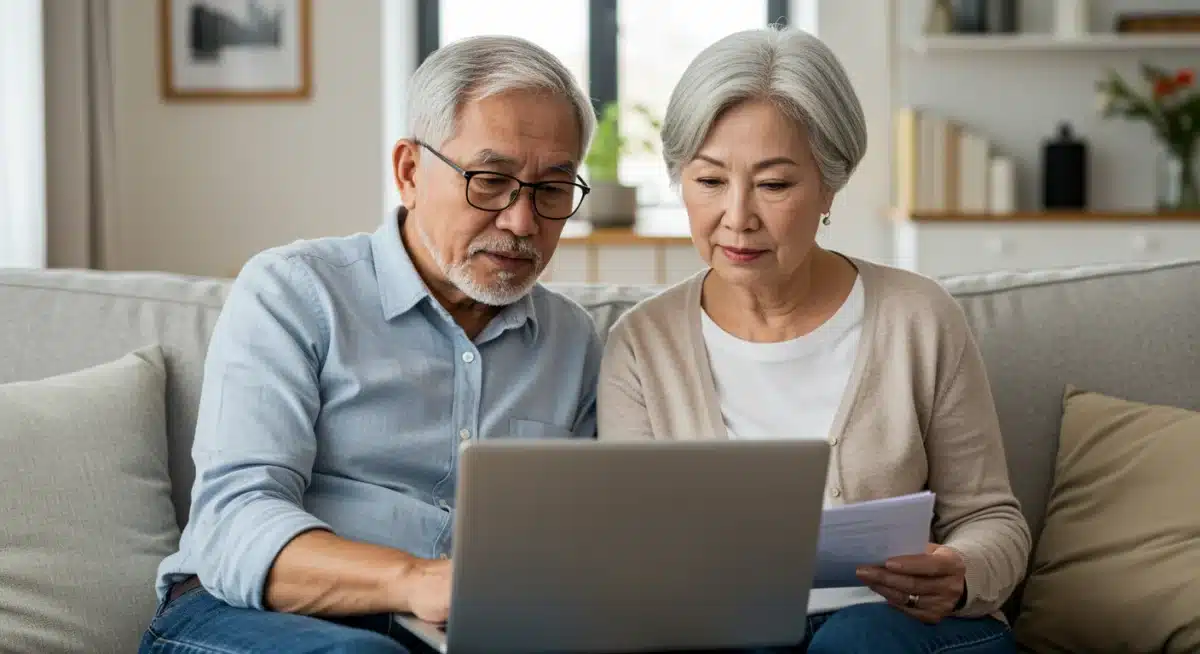 Senior couple reviewing retirement finances on a laptop