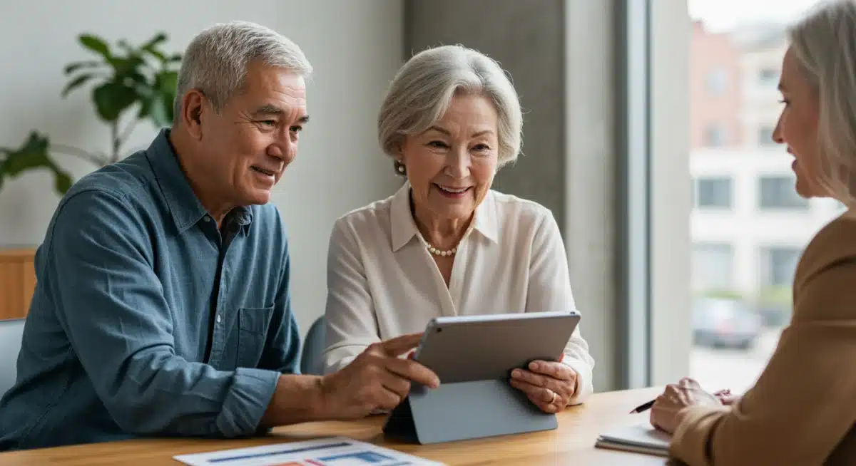 Couple consulting with a financial advisor about Social Security and retirement income strategies.