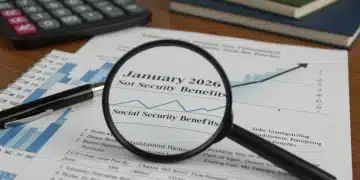 Calendar with January 2026 highlighted, magnifying glass on Social Security benefits document, and an upward arrow, symbolizing the COLA increase.