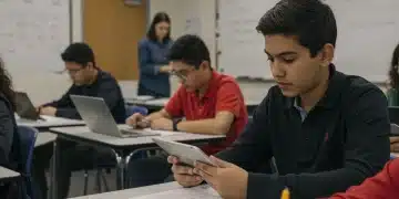 Students engaged in digital standardized testing in a modern classroom