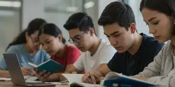 High school students preparing for 2026 standardized testing with textbooks and laptops