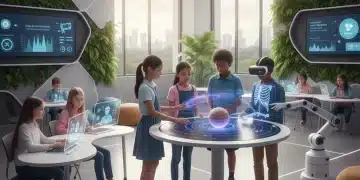 Students engaging with AI-powered learning tools in a modern classroom.
