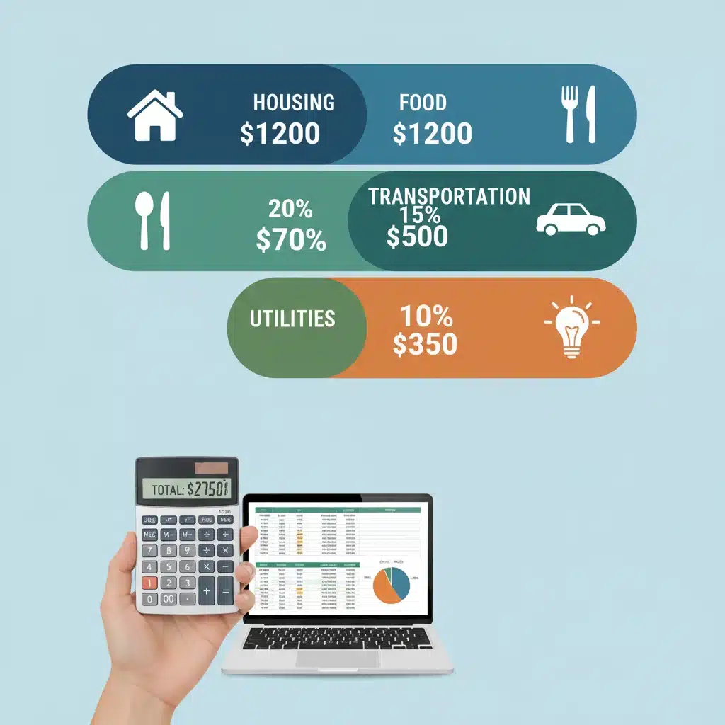 Infographic showing a detailed budget breakdown with various expense categories and percentages.