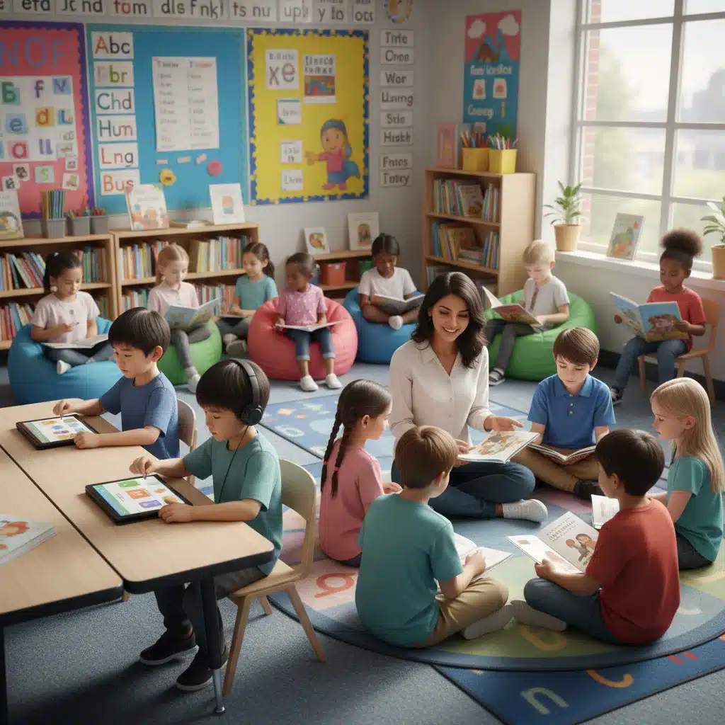 Diverse elementary students engaged in a modern classroom literacy program