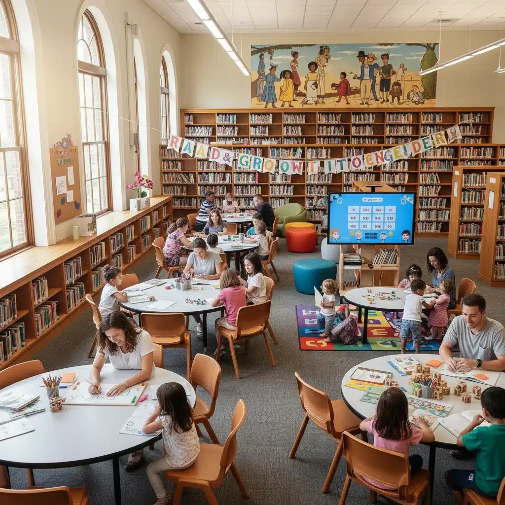 Community library hosting a family literacy workshop with adults and children