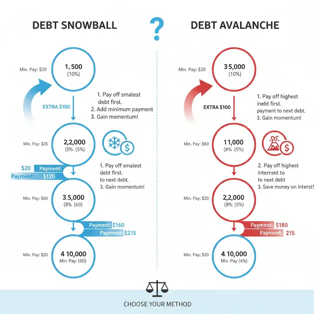 Infographic comparing debt snowball versus debt avalanche methods for effective debt reduction strategies.