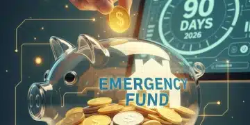 Illustration of building an emergency fund over 90 days, showing coins in a piggy bank and a calendar.