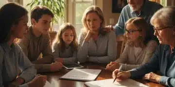 Family reviewing estate planning documents with a pen, securing future