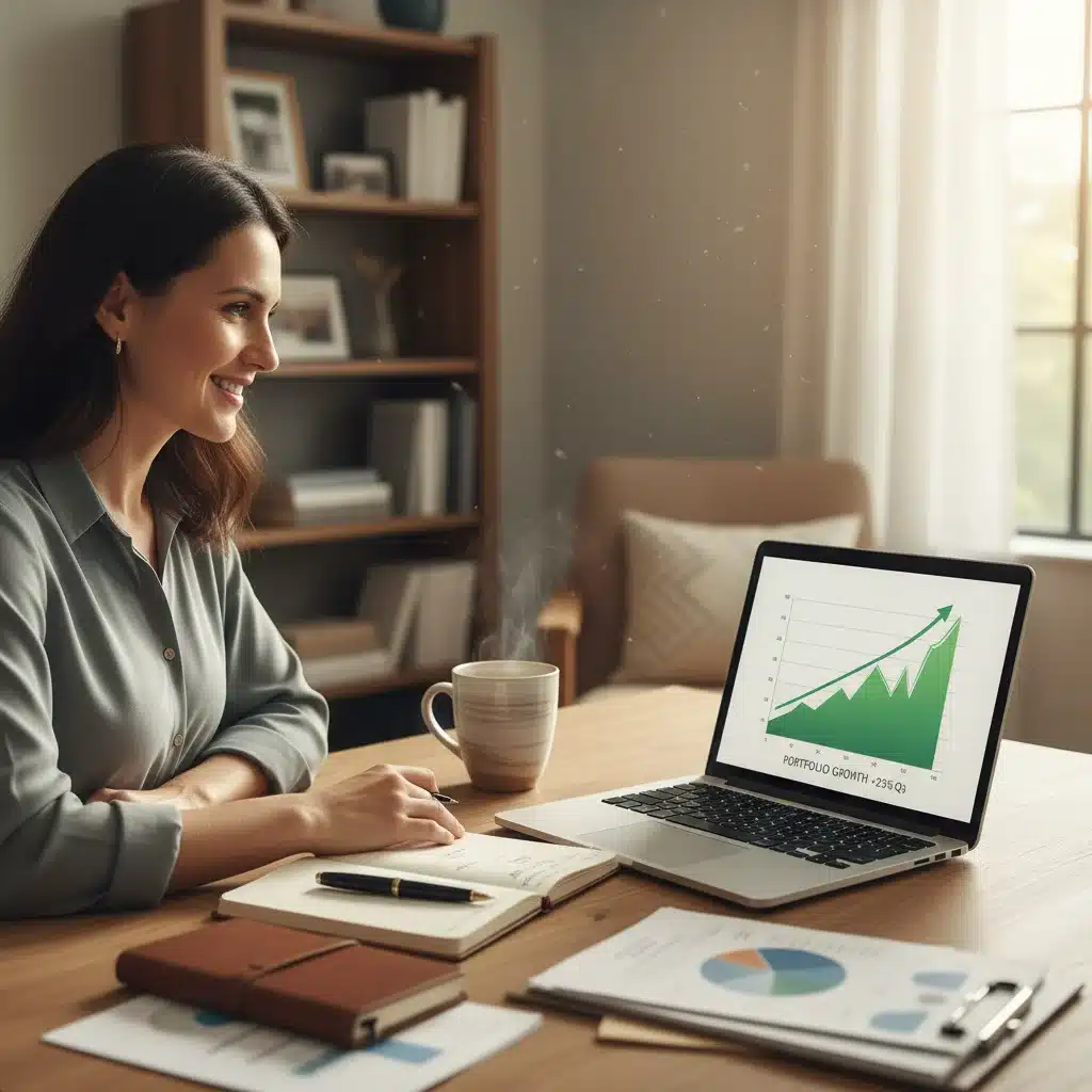 Person confidently reviewing financial growth on a laptop, symbolizing financial success.