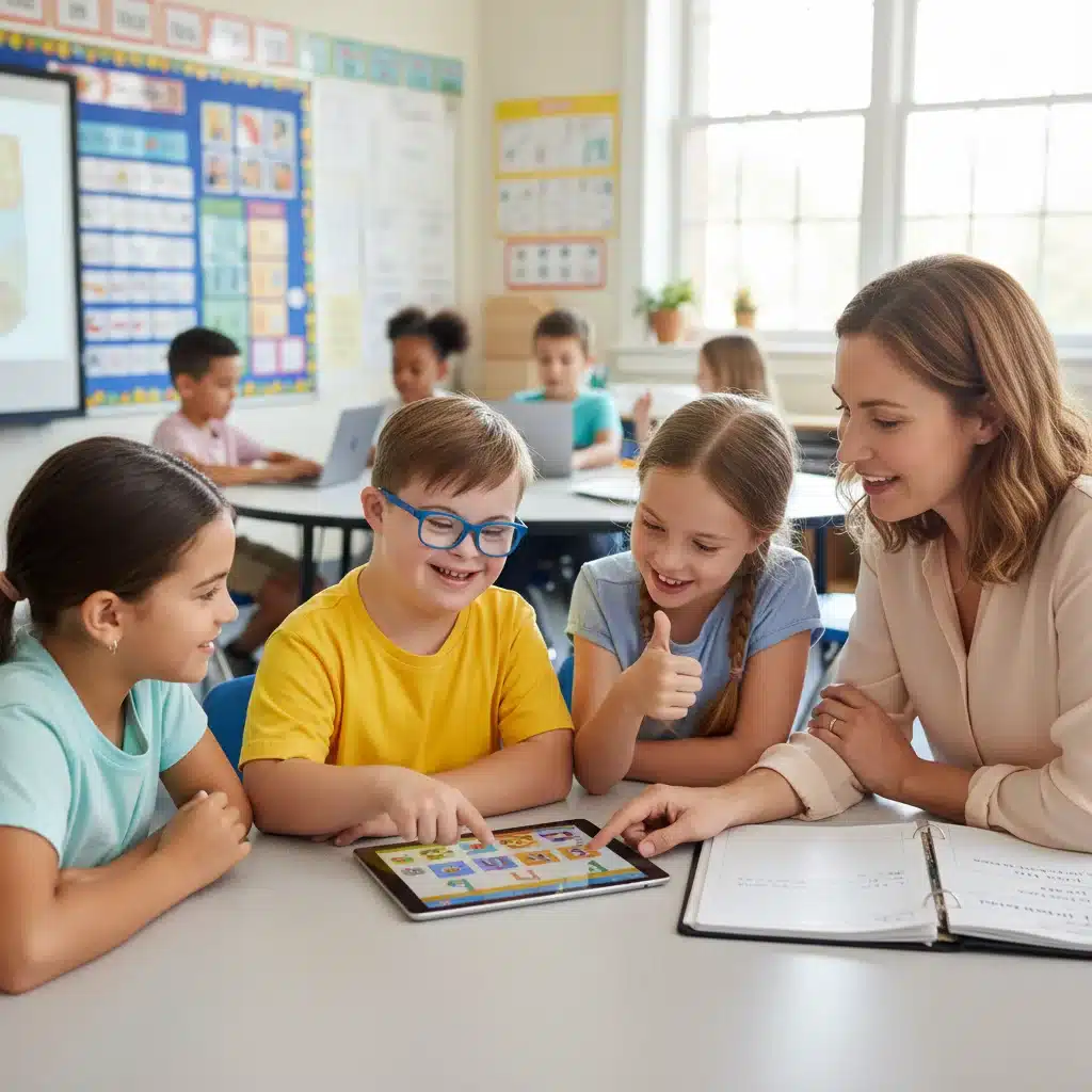 Child with learning disability using tablet in inclusive classroom