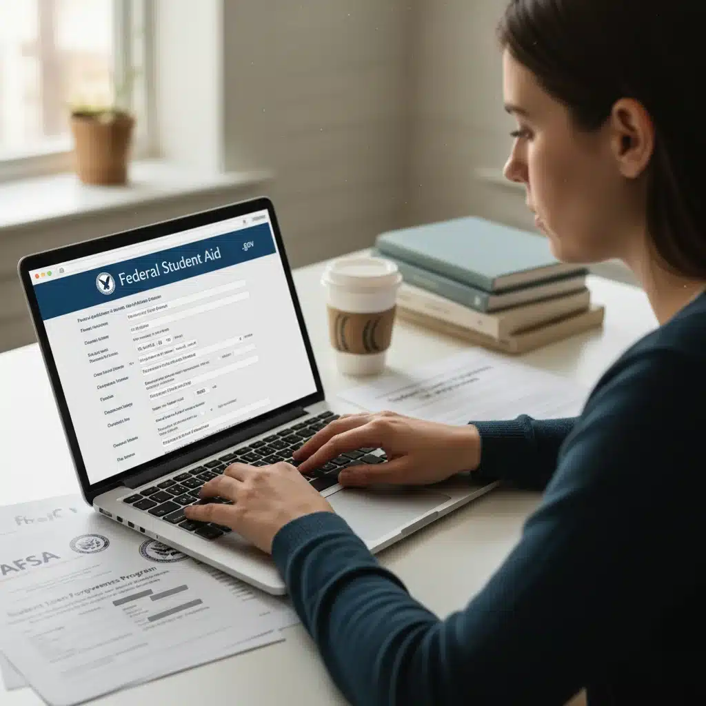 Person using laptop to complete federal student aid application process