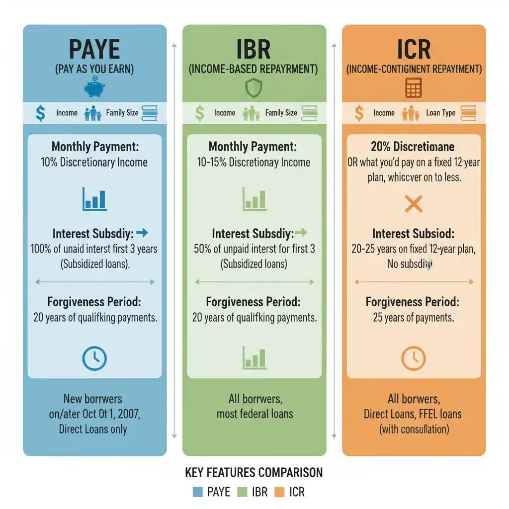 Infographic comparing PAYE, IBR, and ICR student loan repayment plans.