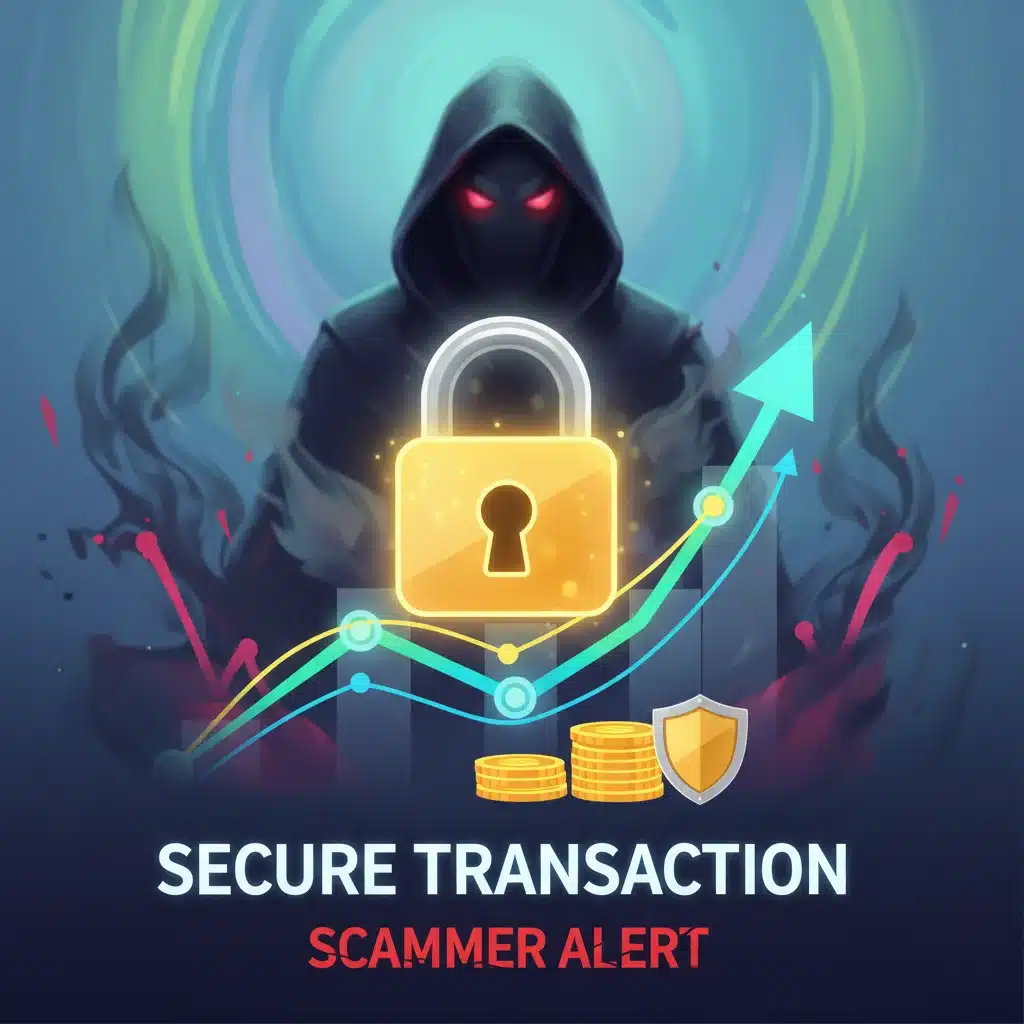 Secure financial transaction with padlock icon contrasted with shadowy scammer figure