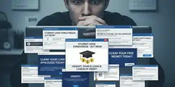 Student confused by fraudulent student loan forgiveness offers on laptop in 2026