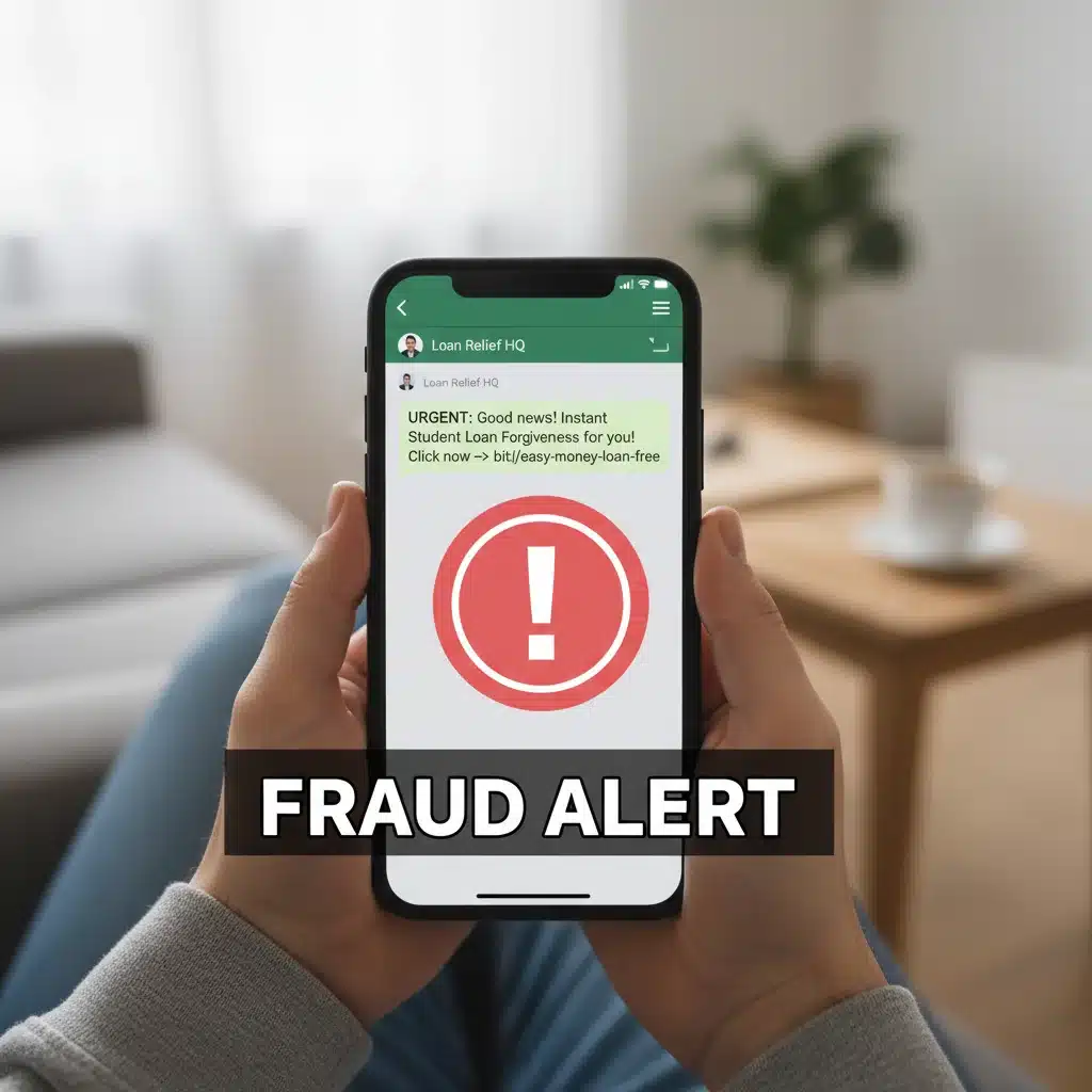 Suspicious text message offering instant student loan forgiveness with warning symbol