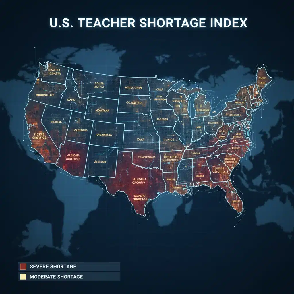 Map of U.S. states showing teacher shortage levels, illustrating regional disparities.