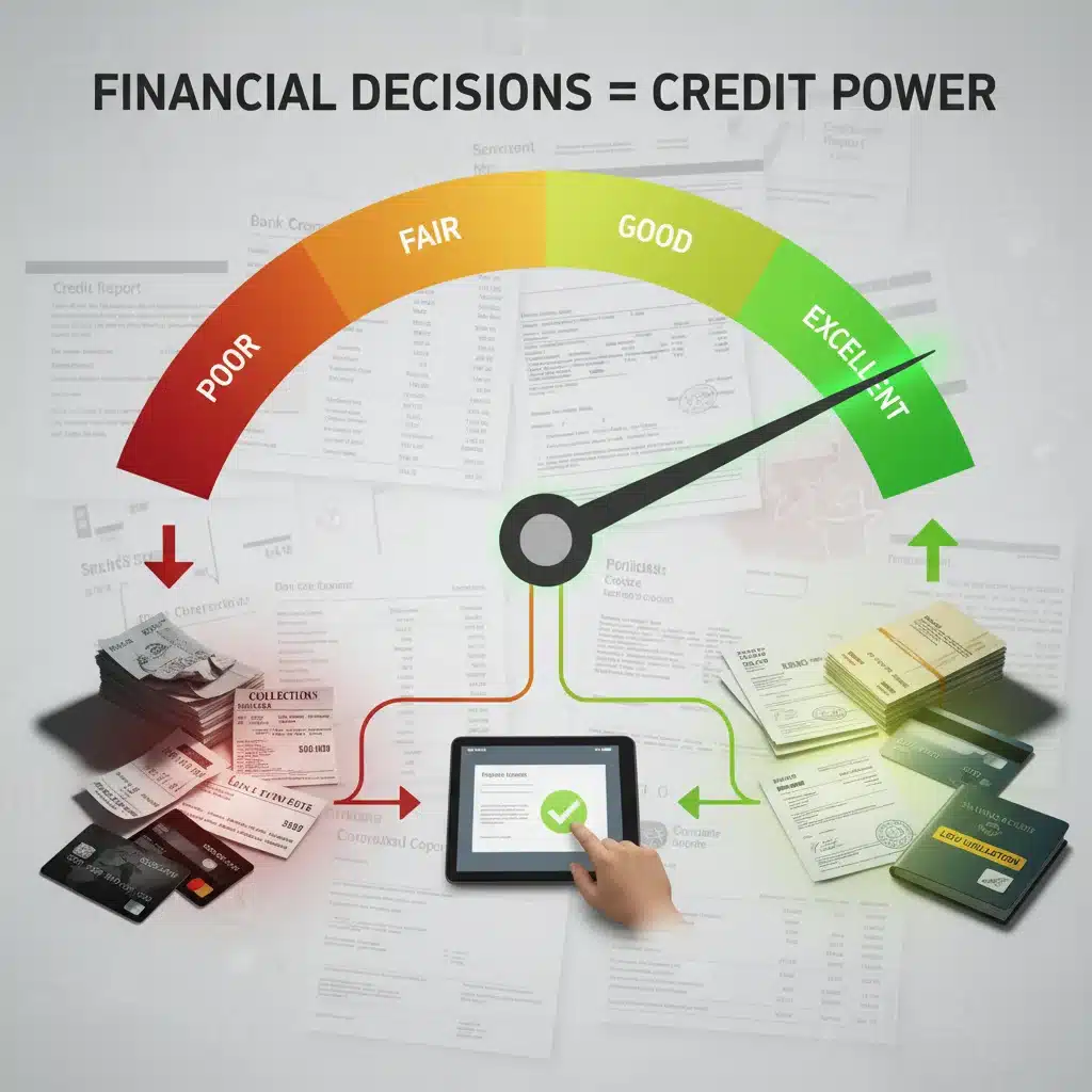 Credit score meter showing improvement with responsible financial management