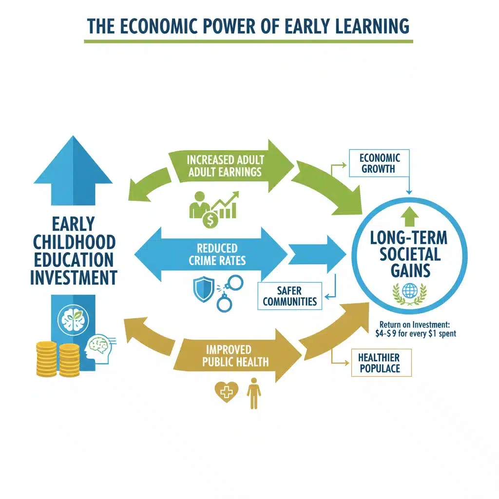 Infographic illustrating the economic benefits of early childhood education investment.