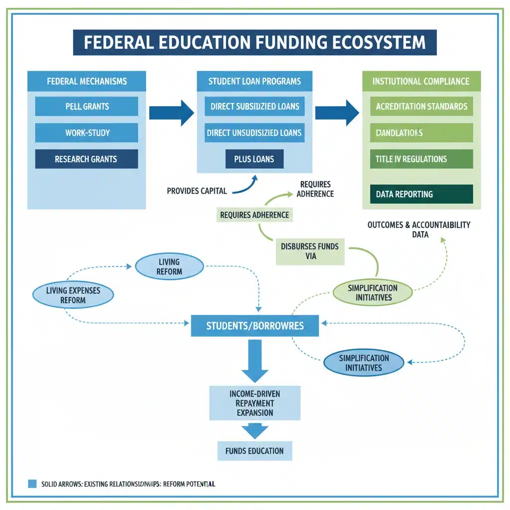 Infographic detailing federal funding streams and student loan programs in higher education.