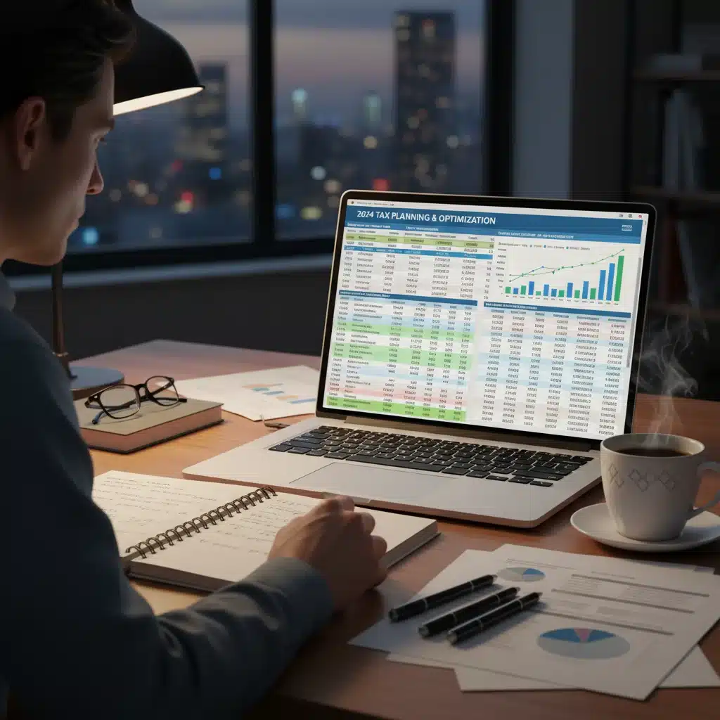 Individual analyzing financial data on a laptop for tax planning strategies.