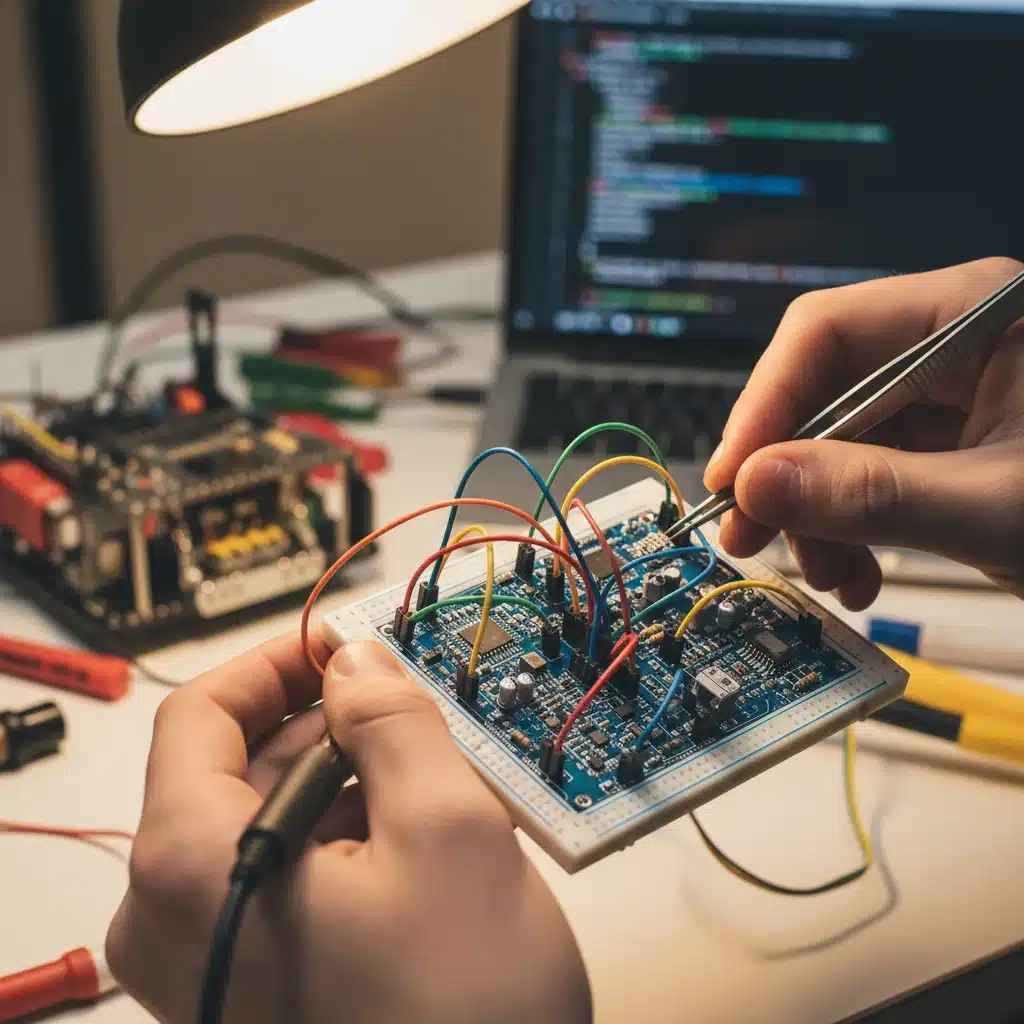 Student hands meticulously working on a robotics project with wires and circuit boards.