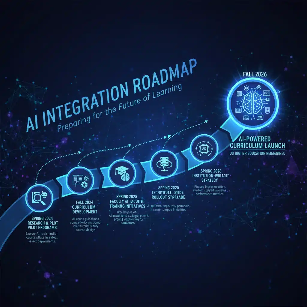 Timeline graphic depicting strategic initiatives for AI curriculum reform leading to Fall 2026.
