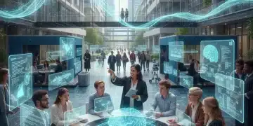 Students and professors interacting with AI learning tools in a modern university setting.