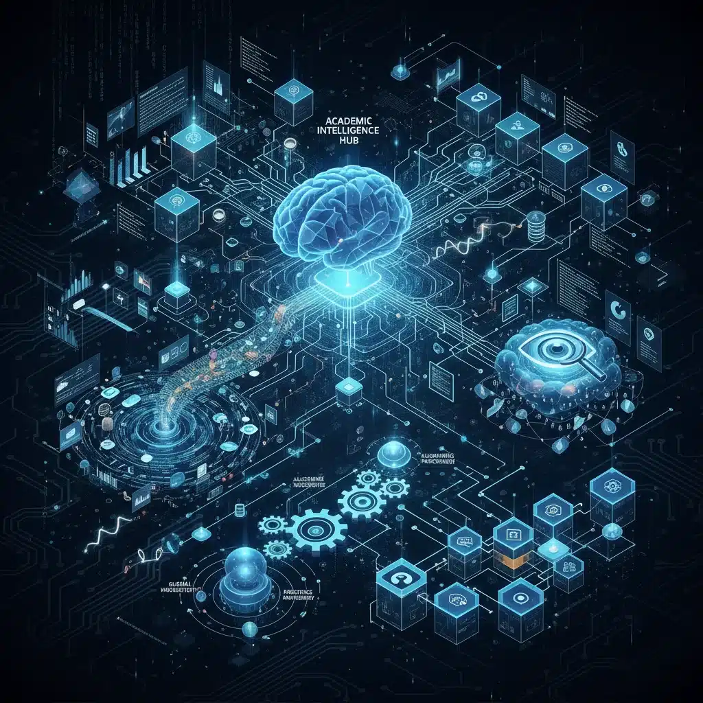 Complex network of data points and algorithms illustrating AI infrastructure in academia.